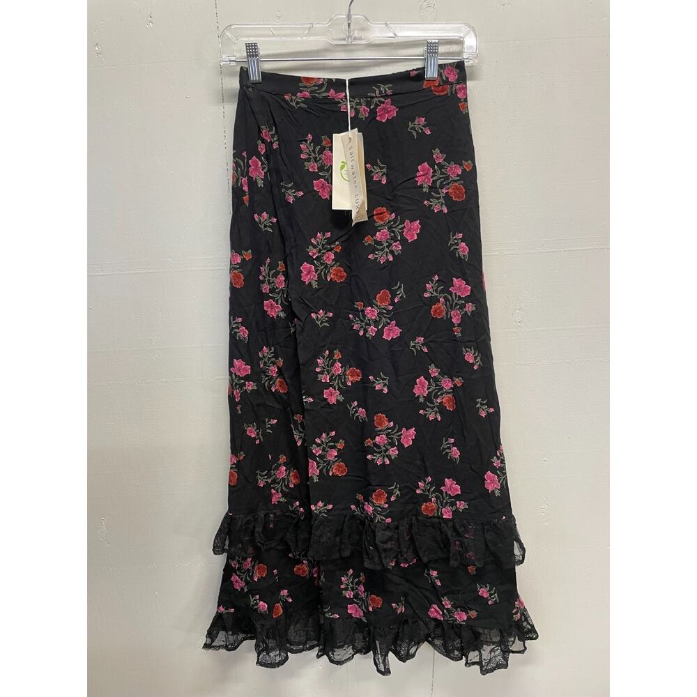 Salt Water Luxe Women's Midi Skirt Small Black Floral & Lace Side Split NWT
